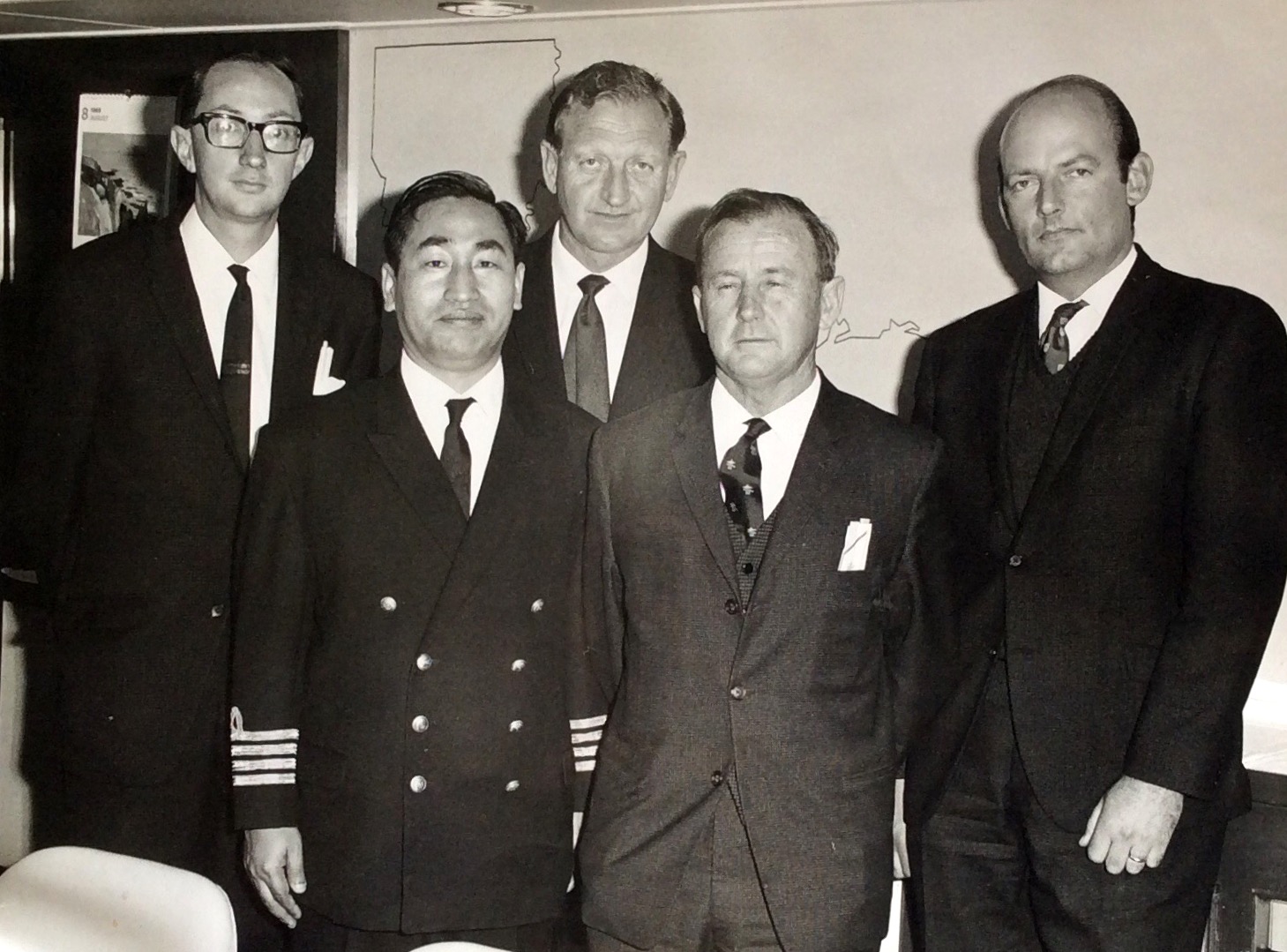 BILL VIVEIROS AND DENZIL BURGER.....BUSINESS DINNER ON A JAPANESE SHIP....CAPE TOWN HRBOUR....1968