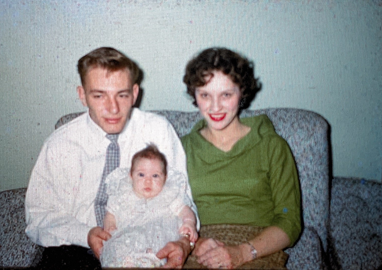 Teri, Dad& Mom 1955 maybe Christmas Teri would be about 3 weeks old.