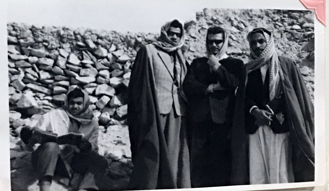 Standing:Professor Salim Melibary, professor Ezmirly Professor Naji Nazer , sitting Abd Almajeed Batterjee  During a site seeing Derieah الدرعية winter 1963.