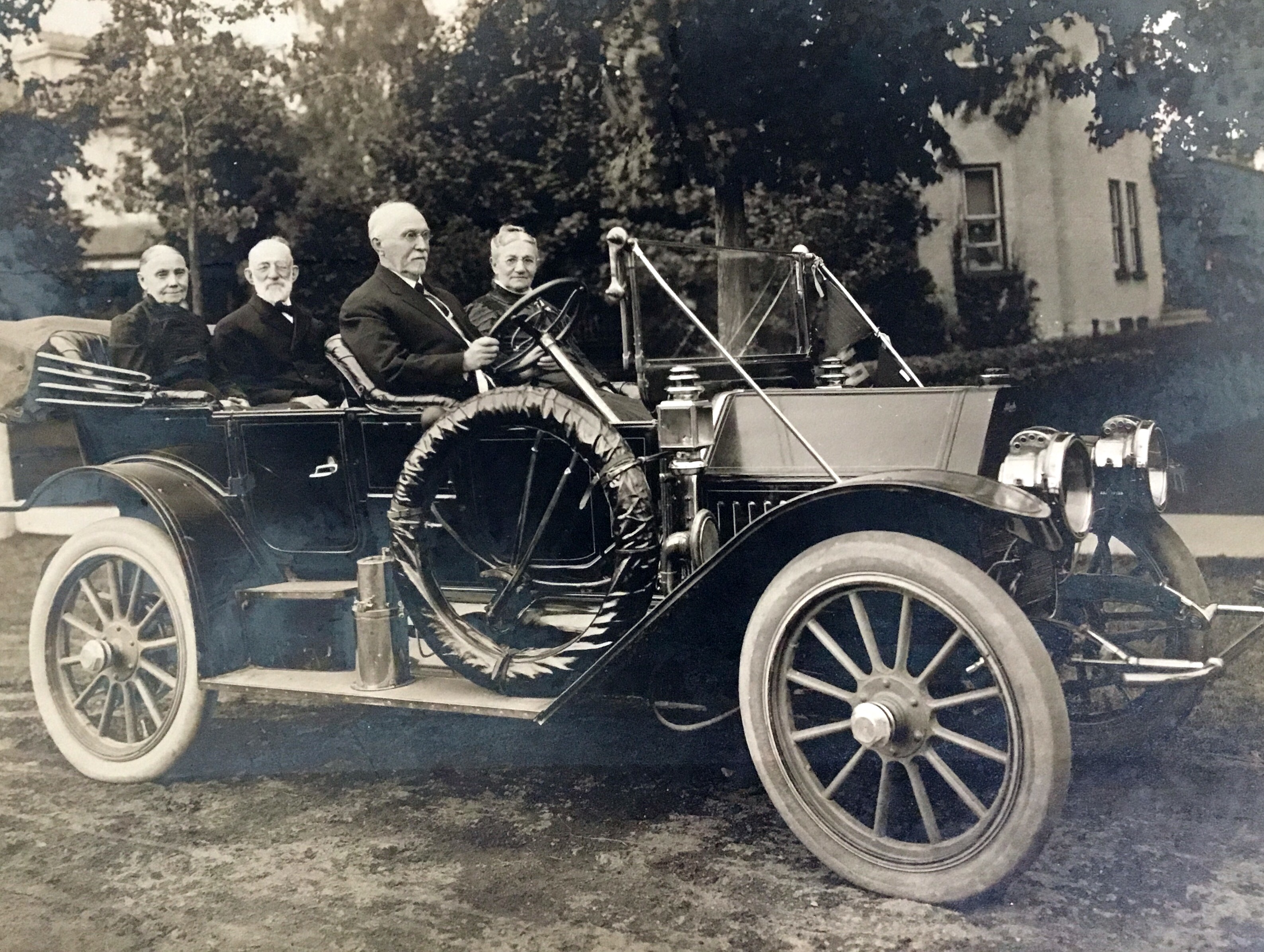 My great-great grandparents’ 60th wedding anniversary in 1911.  The car is a McLaughlin, the forerunner of the Buick car.
They are in the back and in the front is his sister and her brother, also married.