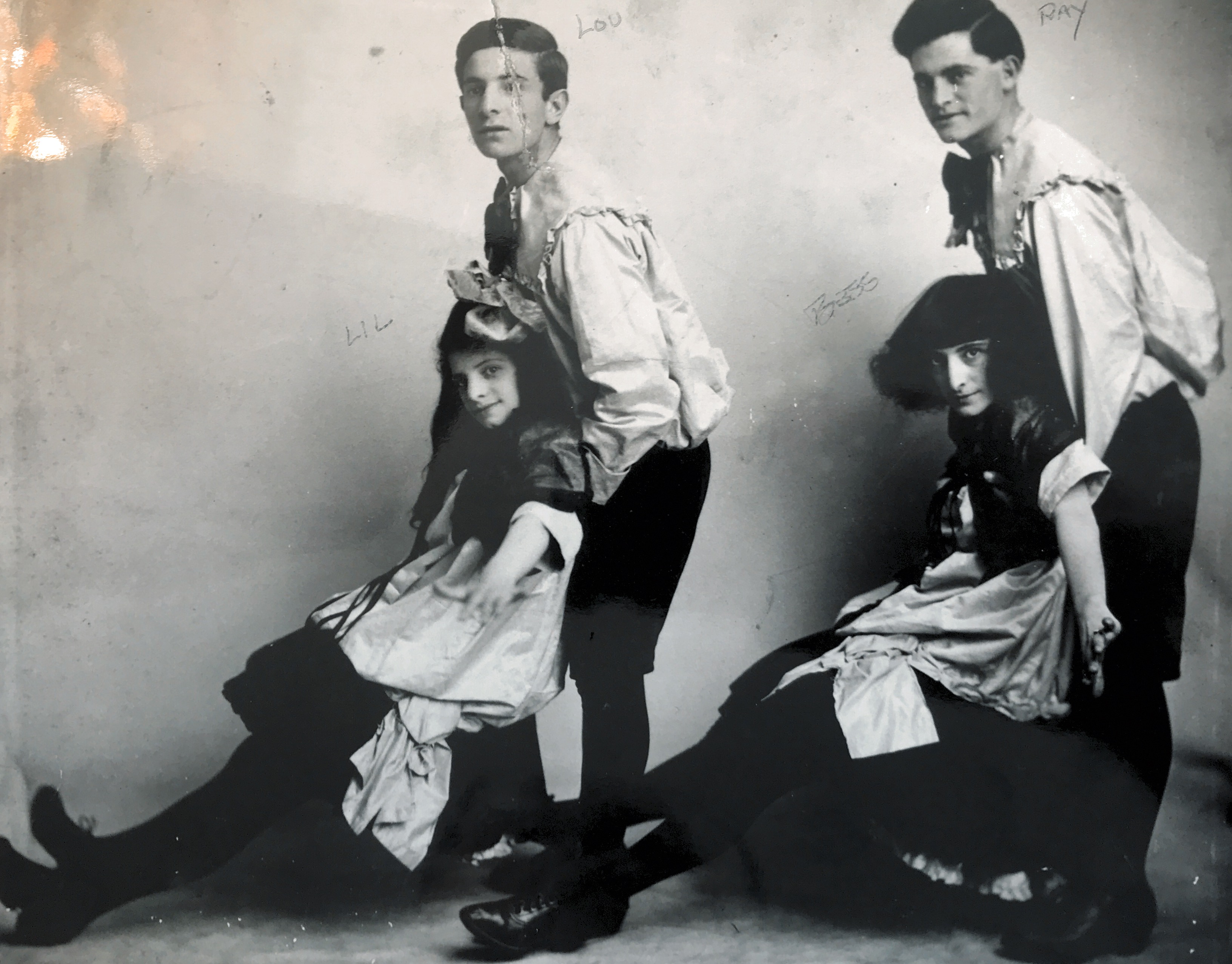 About 1912 “The Four Dancing Lubin’s”  Actually there were five Salsburg siblings who sang and danced in this traveling Vaudeville act. The fifth was a stand-in (substitute) sister, Fan.   Pictured here are brothers Lou (Left), Ray (Right), and sisters Lil (Left) and Bess (Right).  Bess, our maternal grandmother, married our grandfather, Wm E Ashbolt (Papa). They had two daughters, Phyllis - DOB 12/7/1914 (my mother) and Alvira Ruth Born 1917. Bess died in the flu epidemic in October, 1918 at the age of 24. Papa re-married Katheryn Gertrude Allen, a WWI Red Cross Army (Nurse) veteran who served in France. They had two sons, William A Ashbolt and Allen David Ashbolt.