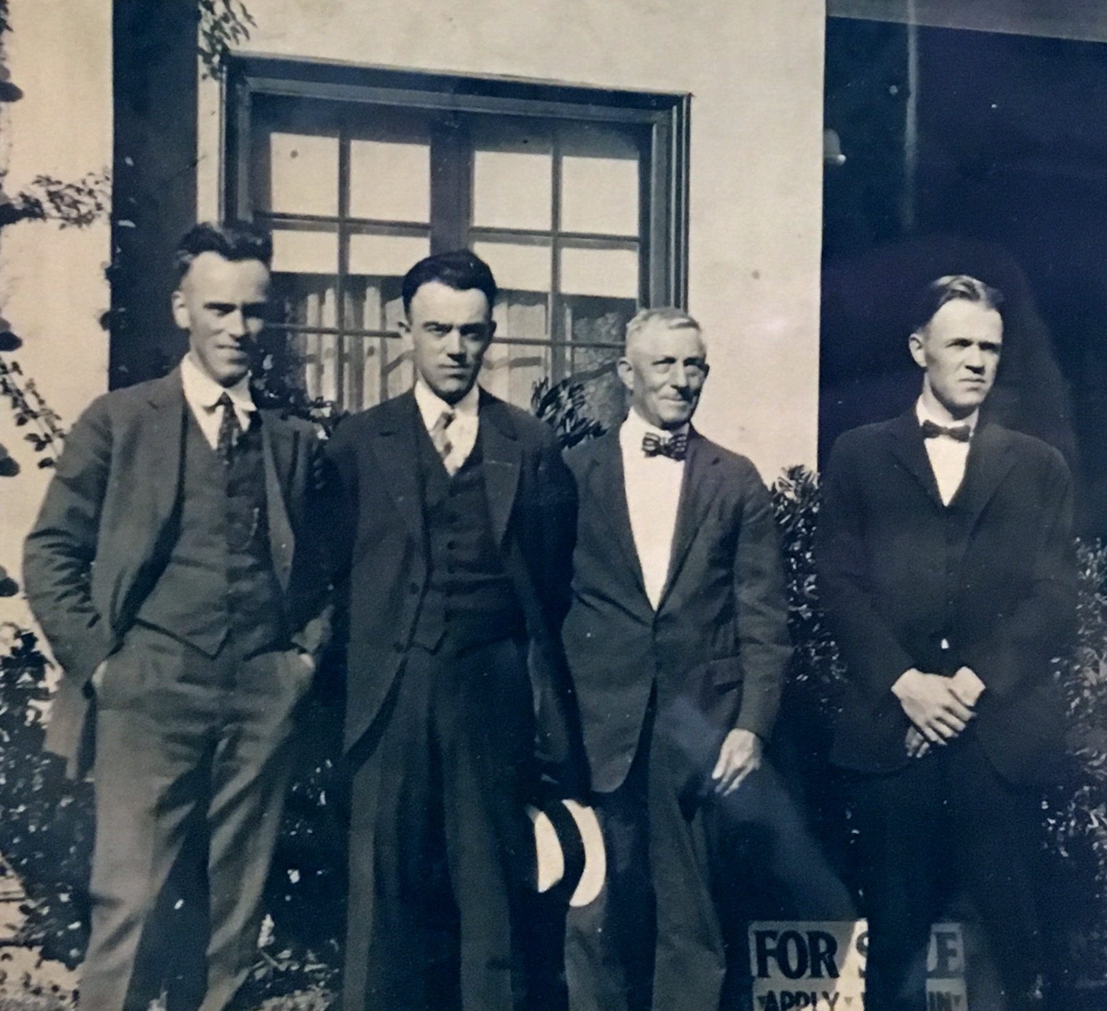 L -> R: Irvin H. Raber, John C. Raber, George Weismann, George E. Raber: The three Brothers & Uncle George who raised them, c. 1930, San Bernardino, California 