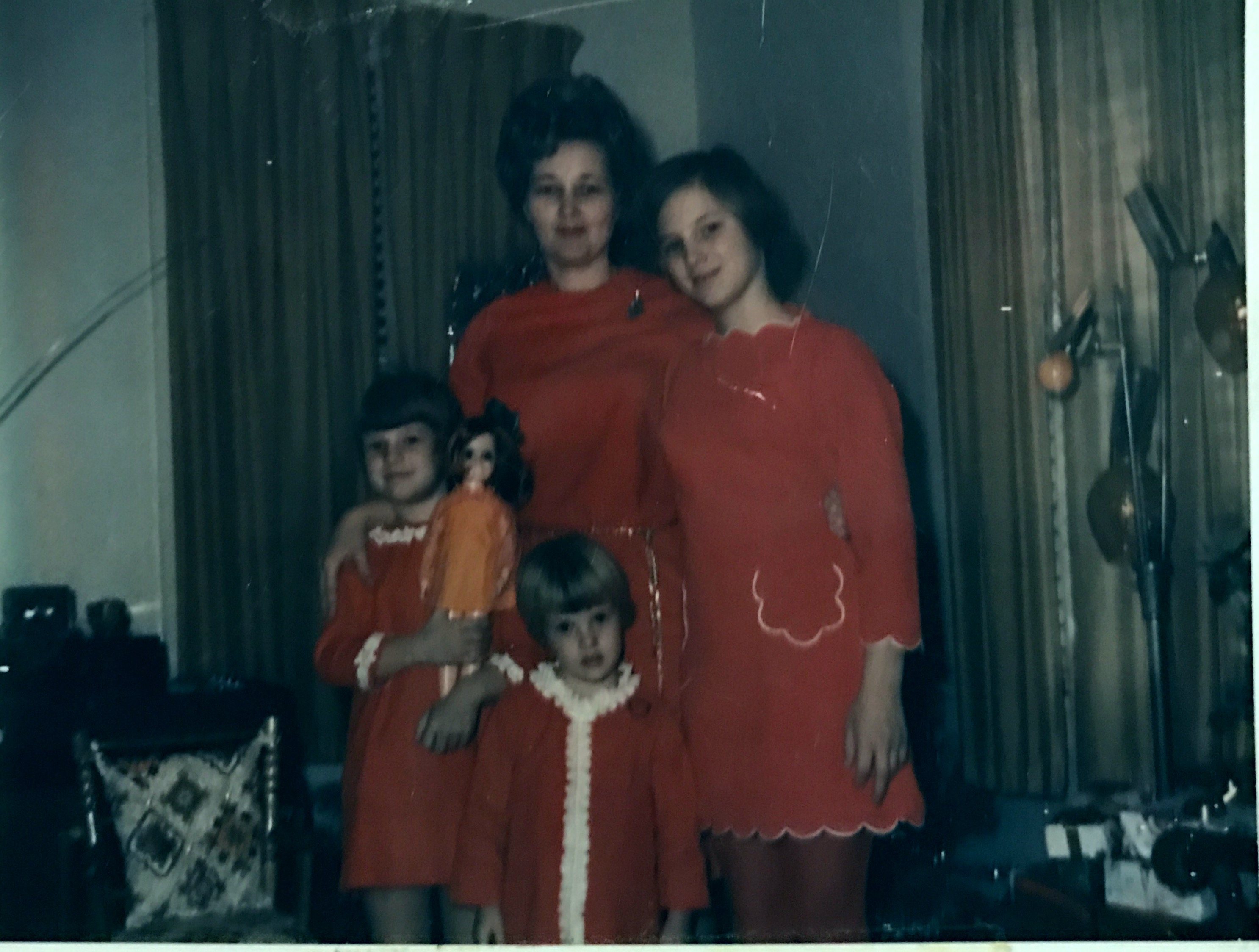 Christmas 1970 ish in matching outfits I'm sure made by our Mother and grandmother