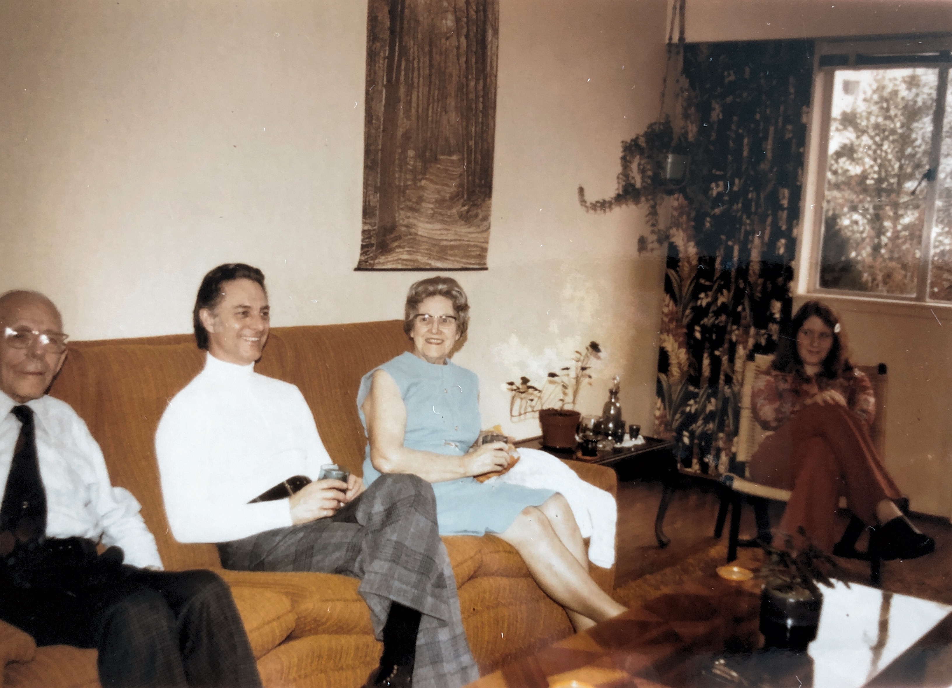 Entertaining my fiancé parents in my apartment. Sister Carol there too 1974/5
