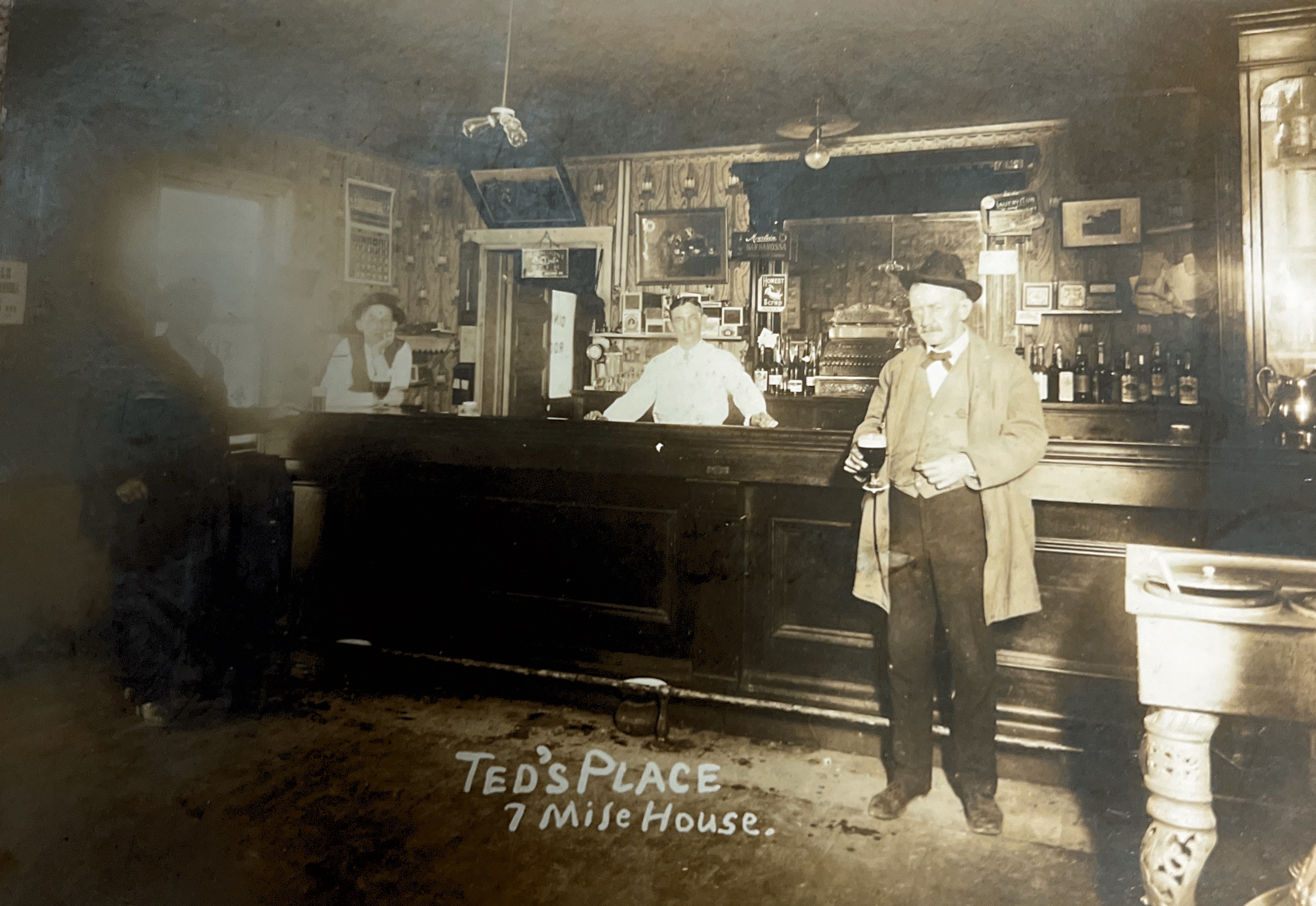 Balser Sr is in front of the bar & Ted is behind the bar. Later Balser bought this place & it became the Mueller Garden’s.  Bridgetown OH cir 1907