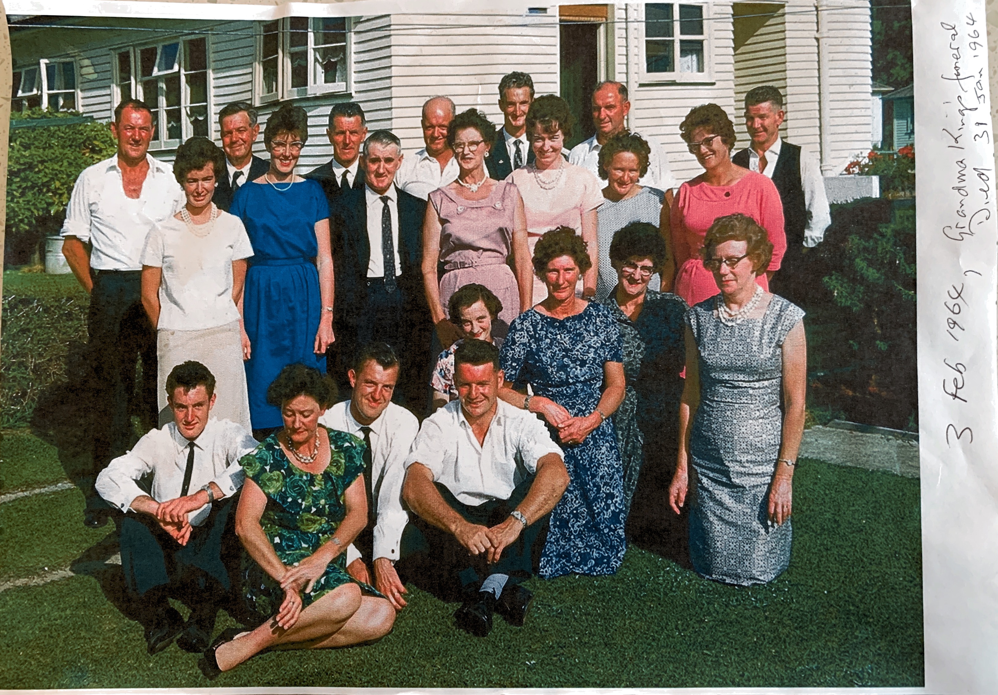 Family gathering following funeral of Grandmother, Ethel May King (Sutherland) (20 October 1888-31 January 1964), TeAroha, NZ, 3 February 1964