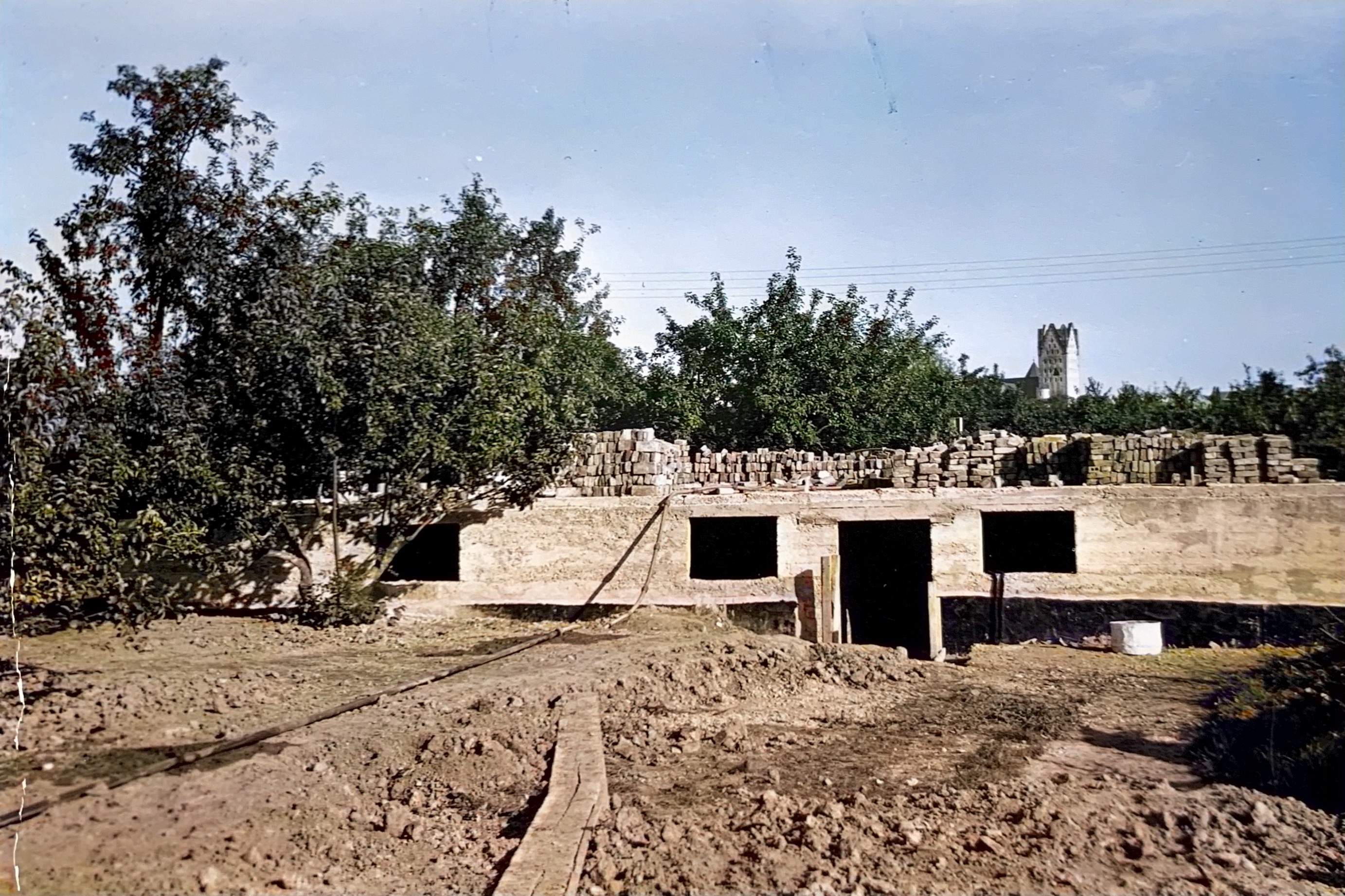 Wiederaufbau nach dem Krieg mit Ziegeln aus bomardierten Häusern, im Hintergrund bombardierter Dom, Ansicht vom Garten 1949
