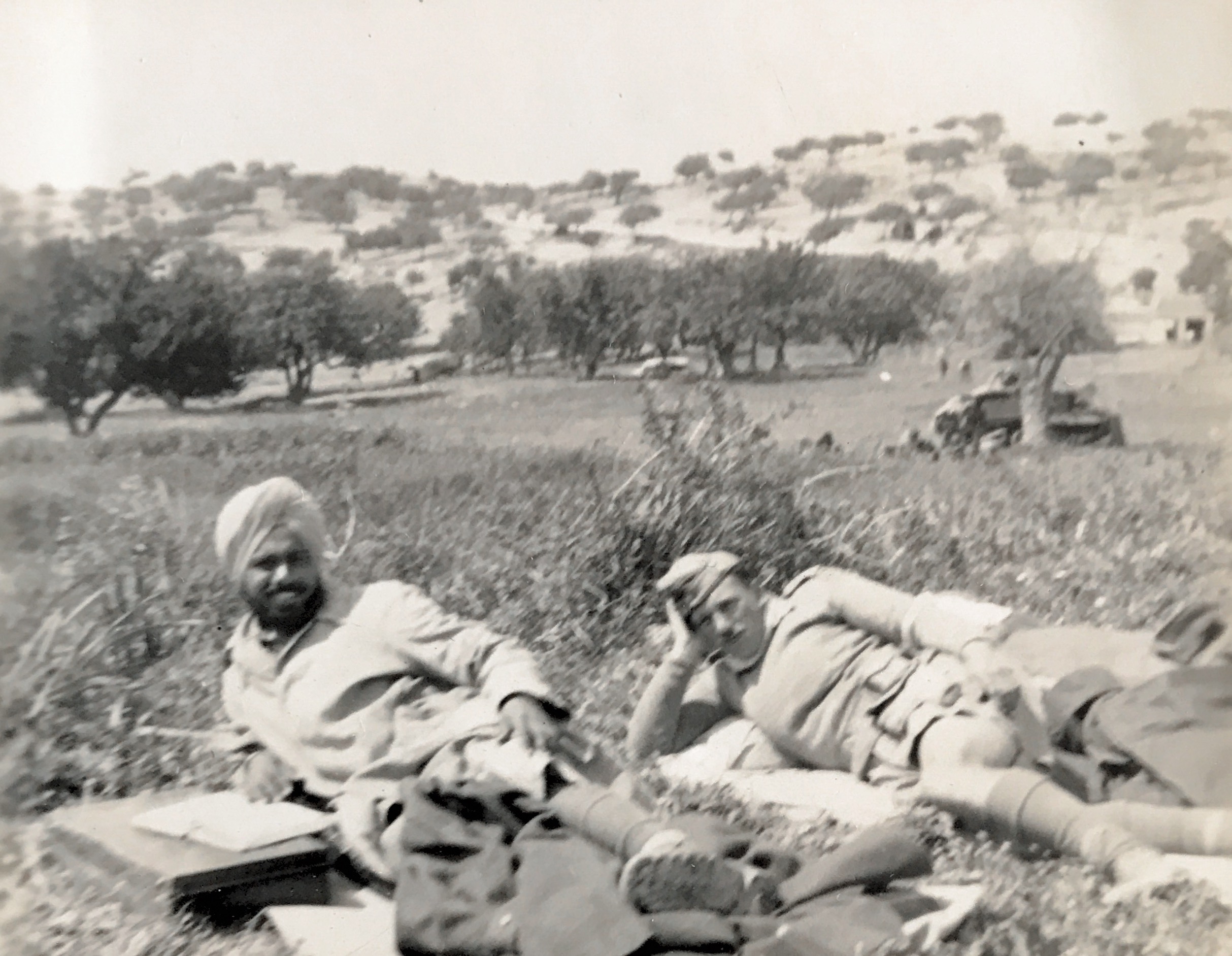 Self and Lieutenant King during 10 Infantry Division exercise in Cyprus in February 1943 with 2 Royal Battalion The Sikh Regt. Lieutenant King was unfortunately later killed in Italy in 1944.￼