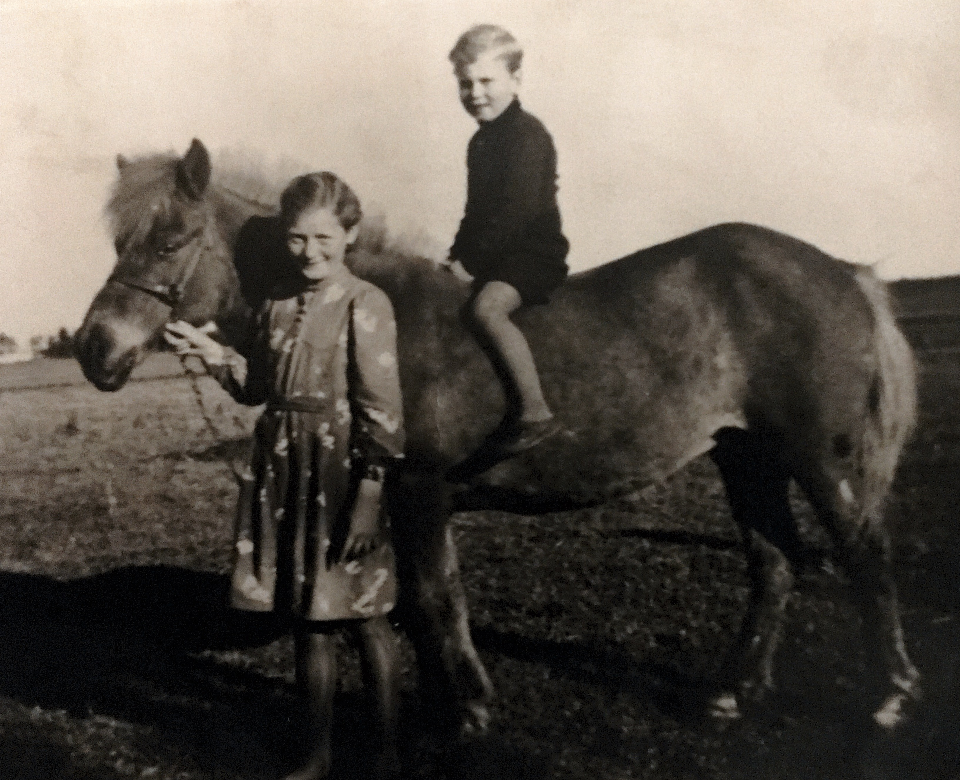 1943: Østenkær, Vendsyssel - storesøster (min mor Karla), lillebror (min onkel Tage) og arbejdshesten